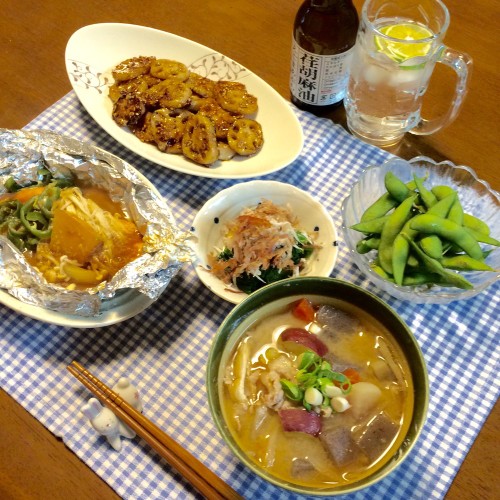 鮭のホイル焼き&豚汁の晩ご飯~♪